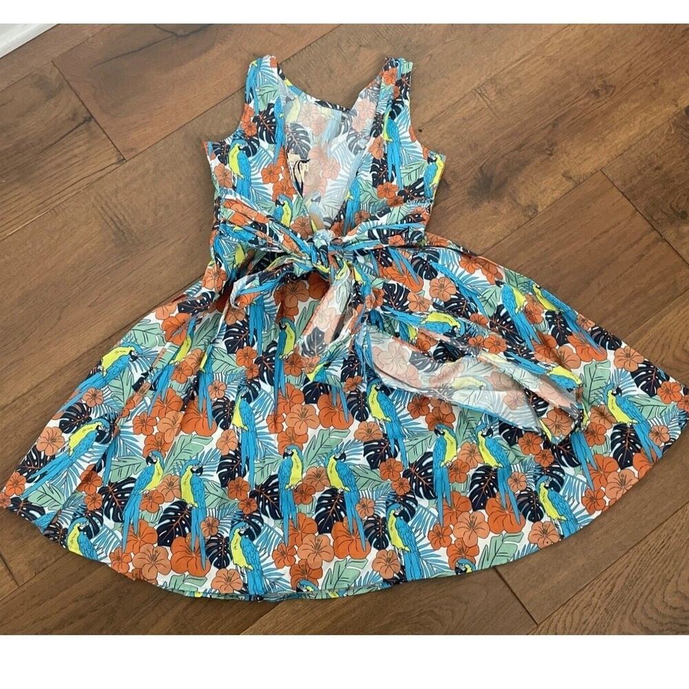 Coco Au Lait Guacamaya Dress Blue Parrot Tropical Tie Back NWT Girls Sz 8
